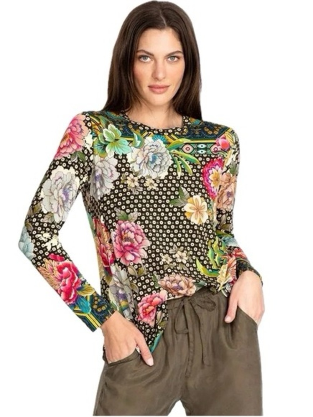Johnny Was Fagan Floral Bird Long Sleeve Swing Tee Tunic